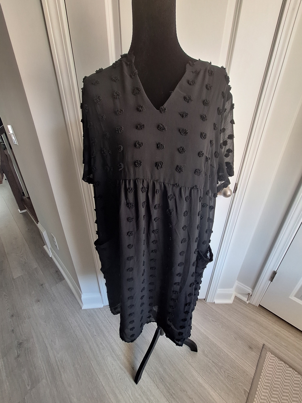 Black Textured V-Neck Women's Dress